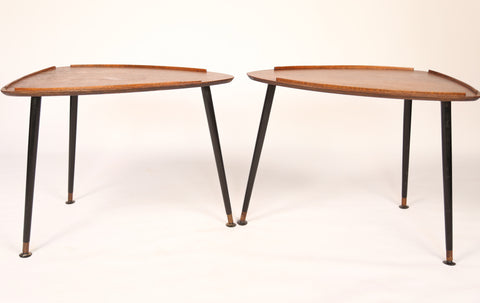 Pair of 1950s oak shield-shaped occassional tables on black tapered legs