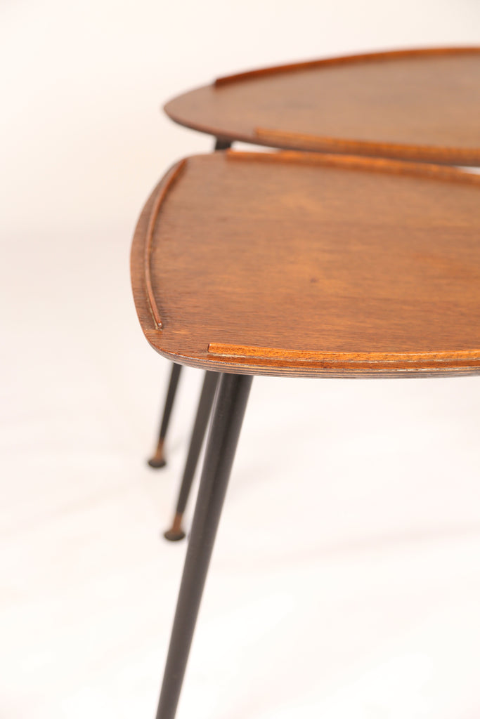Pair of 1950s oak shield-shaped occassional tables on black tapered legs