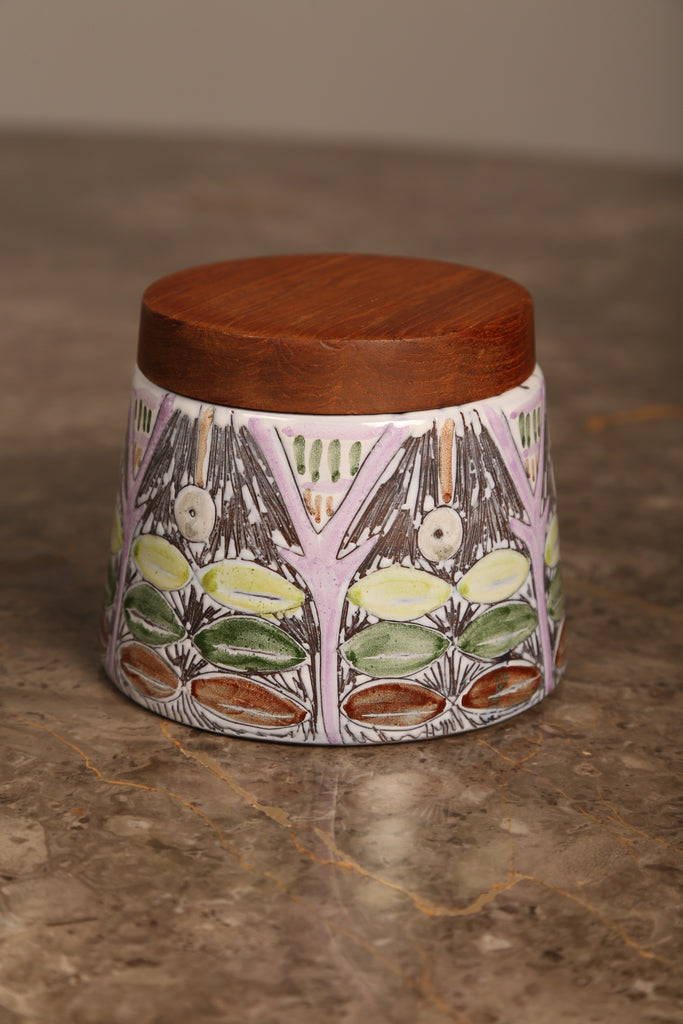 A  Laholm Pottery canister with wooden lid (1960s) Sweden