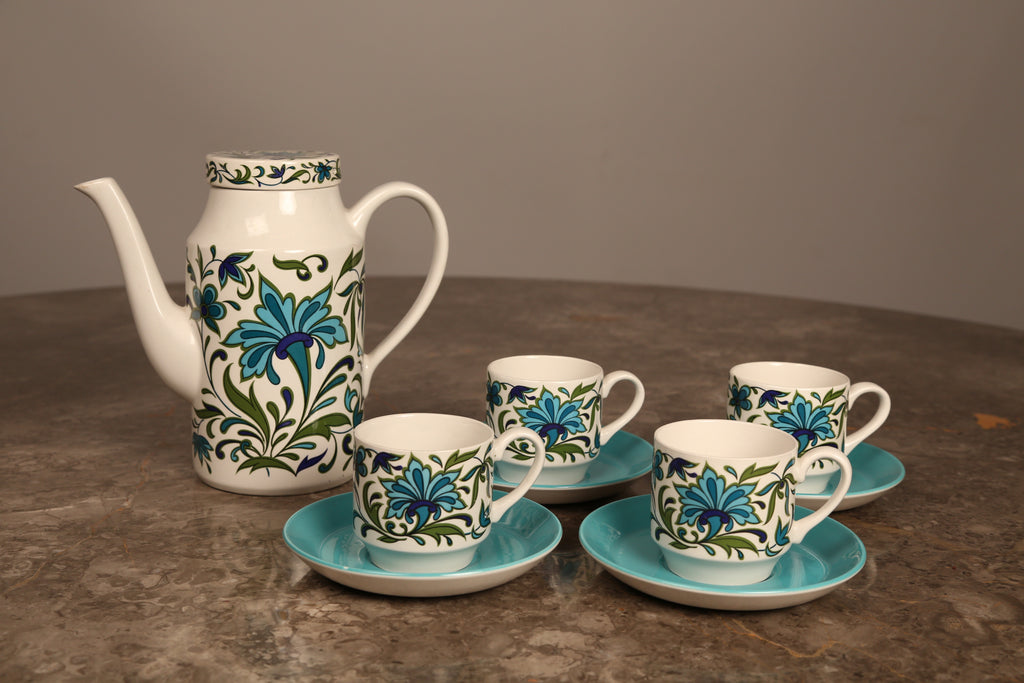 A midwinter pottery coffee set in 'Spanish Garden' pattern by Jesse Tait (1960s)