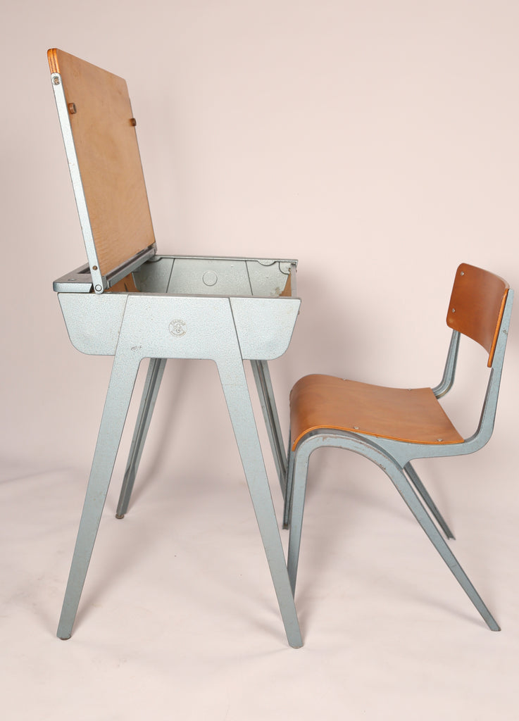 Childrens beech and metal school desk and chair by James Leonard (1950s) Britain