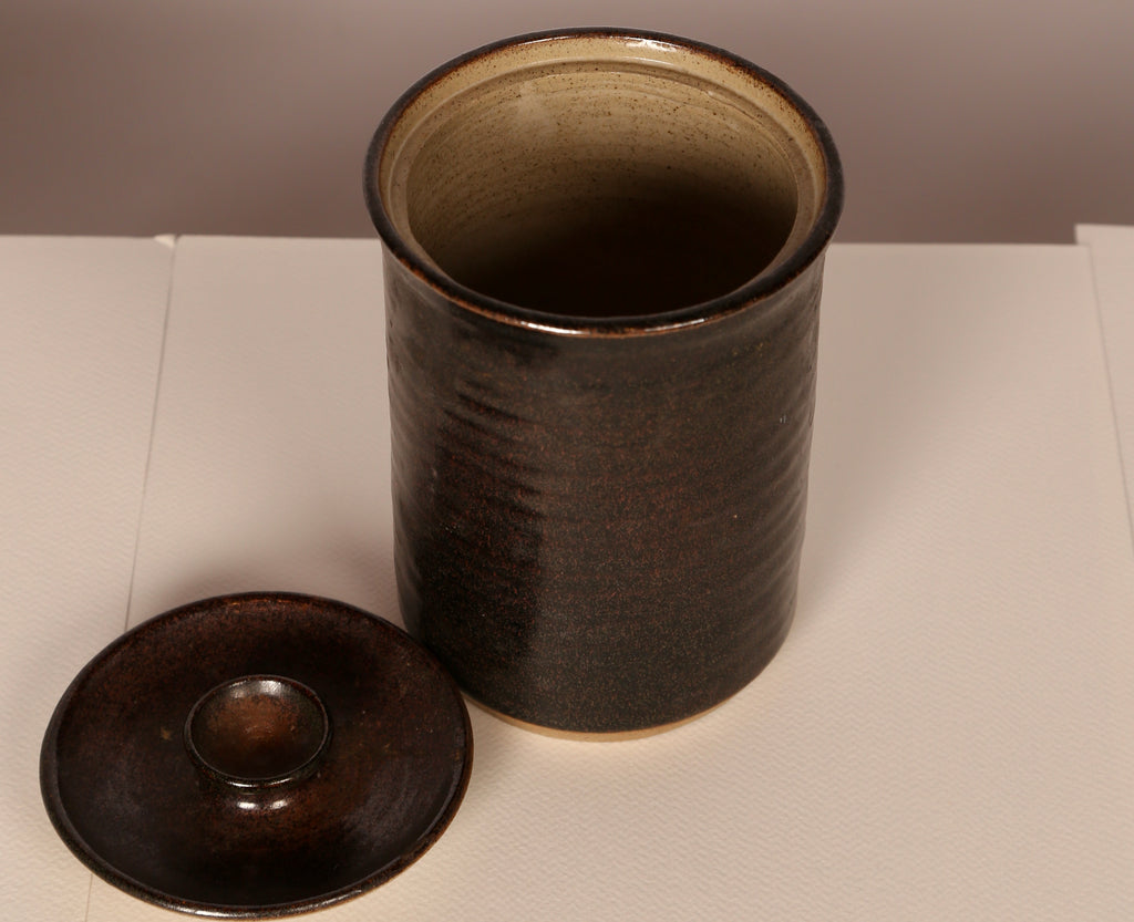 Midcentury treacle glazed container with lid (matching smaller one available)