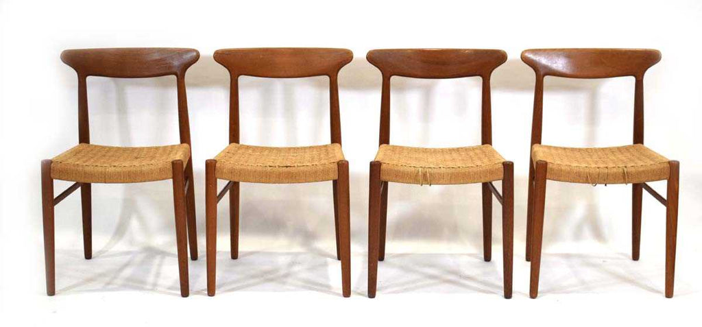 A set of four 1960's Danish teak and paper cord dining chairs designed by Arne Hovmand Olsen, manufacture attributed to Mogens Kold  (1960) Denmark
