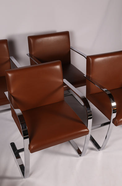 4 Brno chairs in Tan Leather by Mies van der Rohe for Knoll